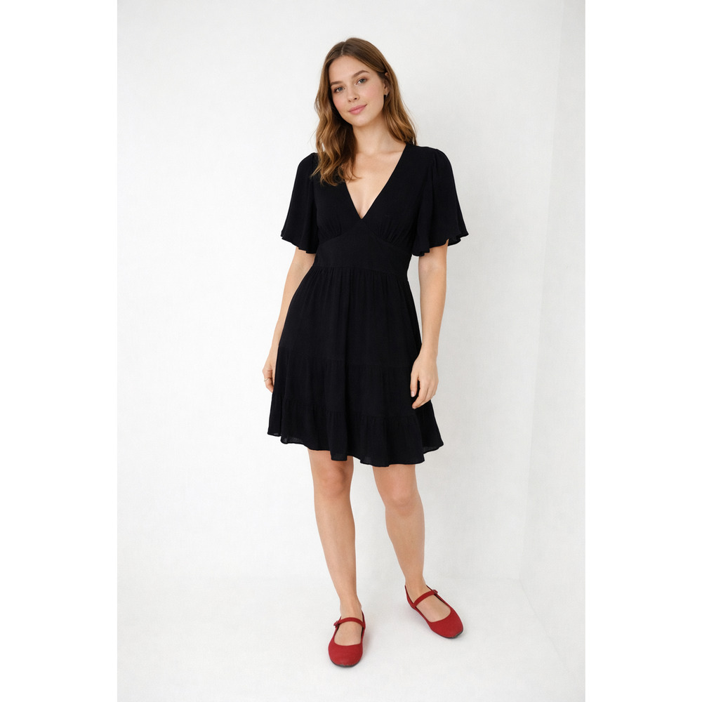 B. Darlin Black Short Sleeve Tiered Mini Babydoll Dress Empire Waist Size M